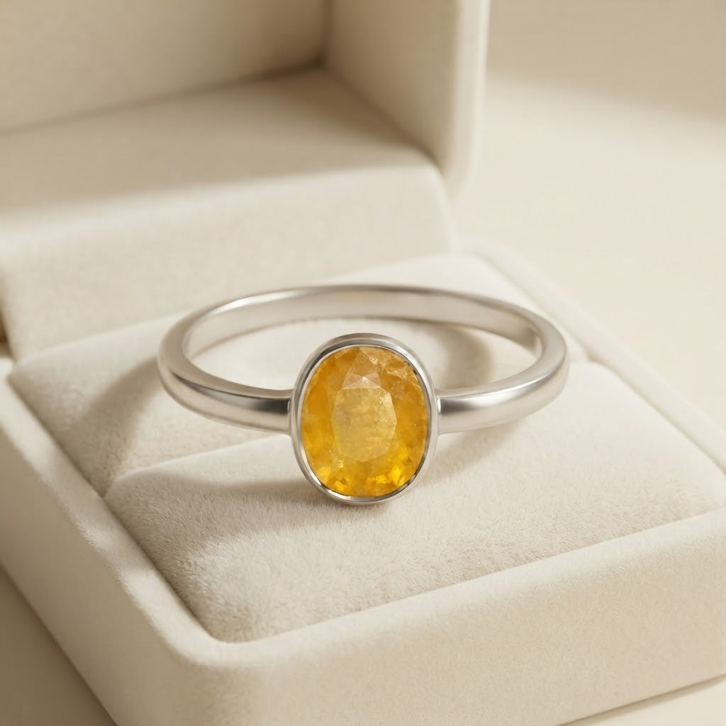 A silver ring with a round faceted yellow gemstone, displayed on a cream-colored velvet jewelry box.