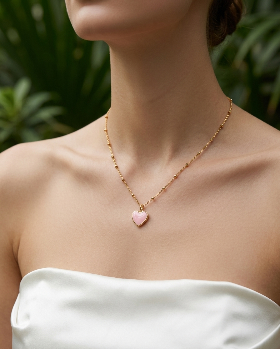 Necklace with a heart-shaped pendant worn by a person in a white top against a blurred green background
