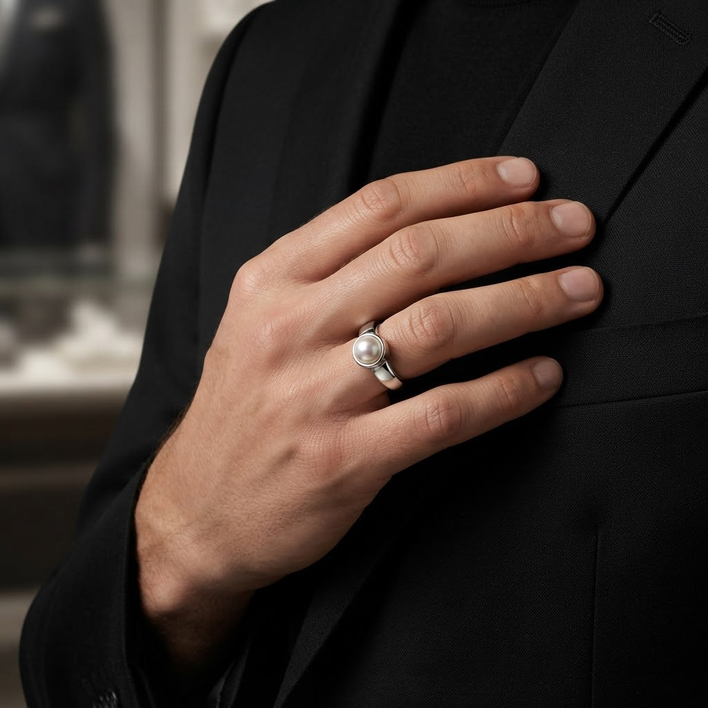A close-up of a person's hand wearing a silver ring with a single white pearl, set against a black suit jacket.