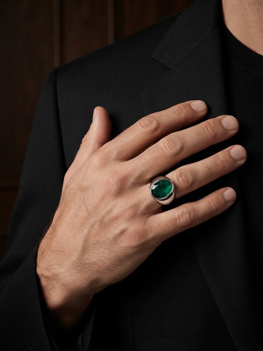 A close-up of a person's hand wearing a silver ring with a round green cabochon gemstone, set against a dark black suit jacket and dark wood background.