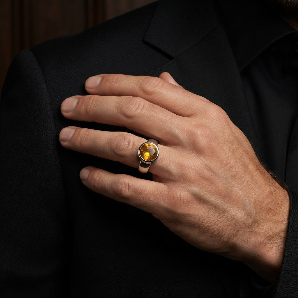 A close-up of a man's hand resting on his black suit jacket, wearing a silver-toned ring with a round, polished amber-yellow gemstone.