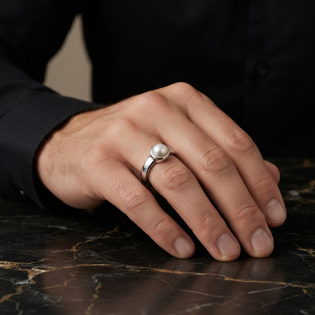 A silver ring with a large white pearl set on a band, worn on a man's ring finger as he rests his hand on a dark marble surface.
