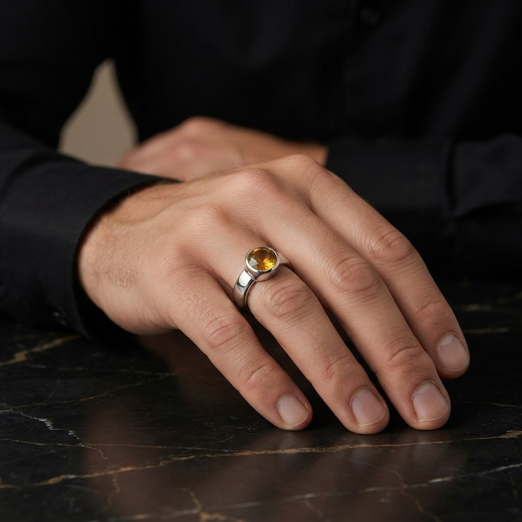 A silver ring with an oval yellow gemstone worn on a man's finger, resting on a dark marble surface with his hand visible.