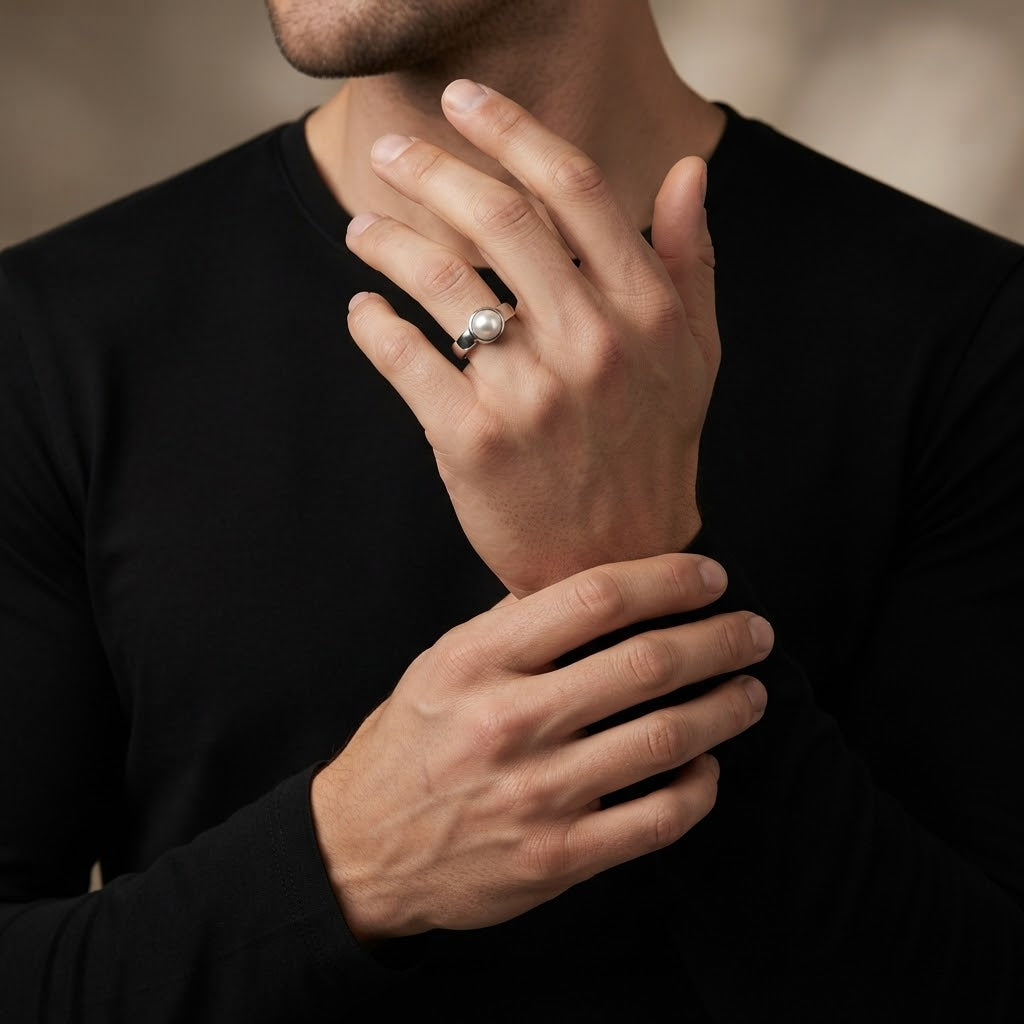 A close-up of a man wearing a black long-sleeve shirt, showcasing a silver ring with a polished round stone on his ring finger.