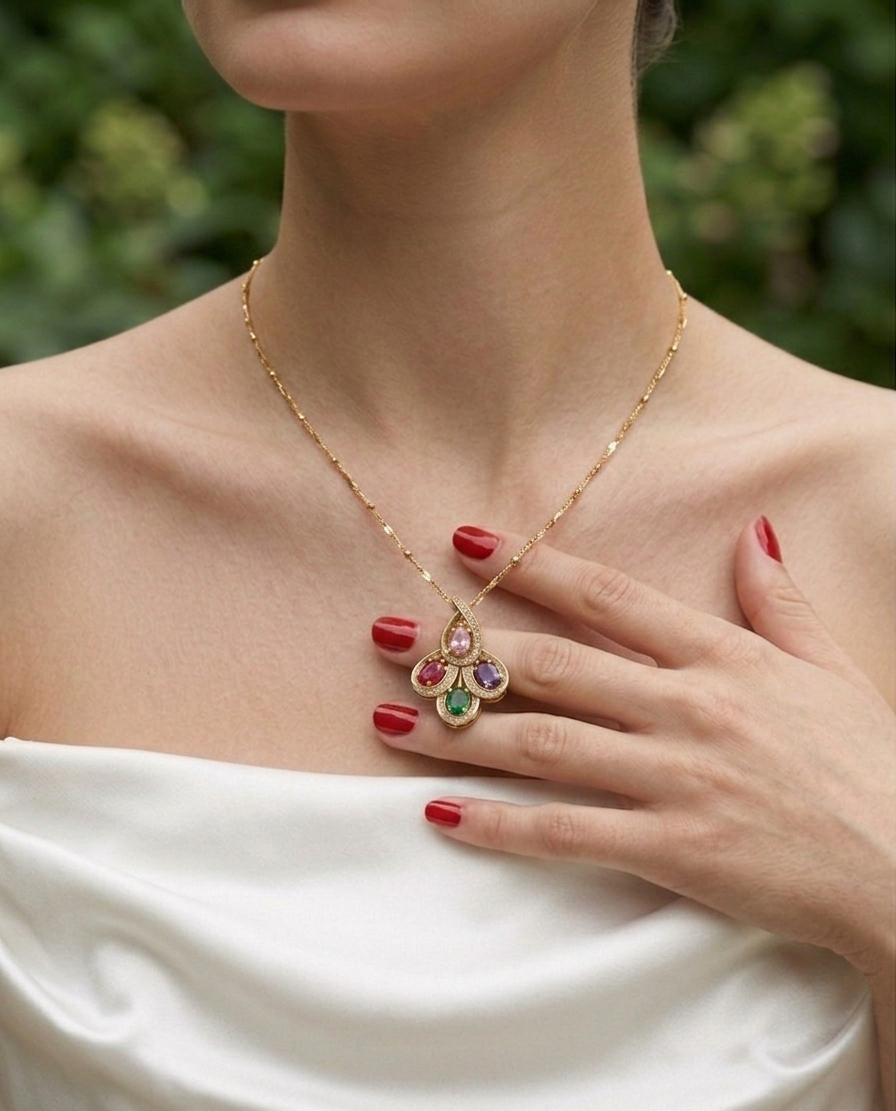 Gold necklace with a colorful pendant worn by a person with a blurred green background