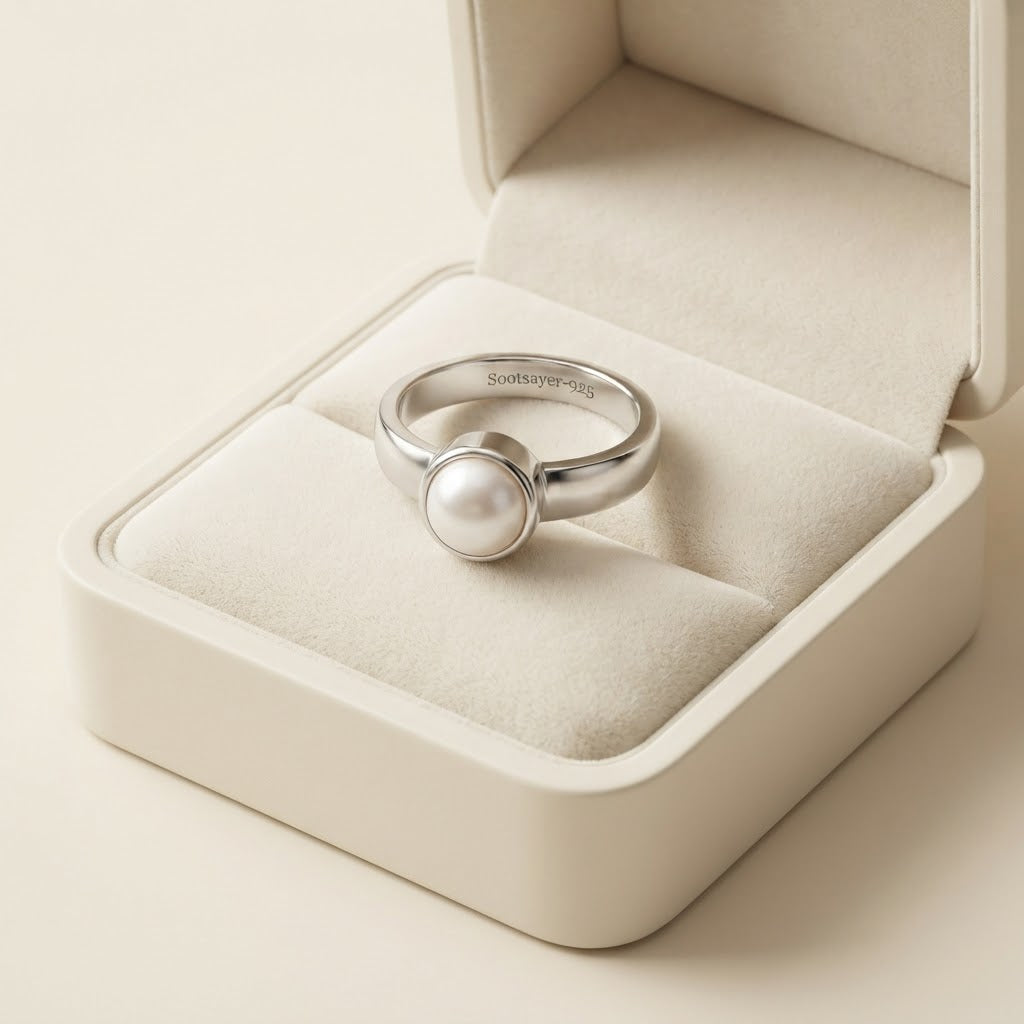 A polished silver ring with a single round white pearl set in a cream-colored jewelry box.
