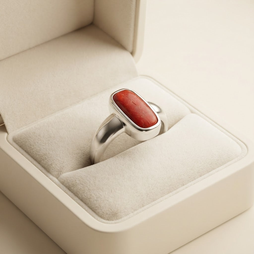 A silver ring with a rectangular red cabochon stone, displayed inside an open cream-colored jewelry box.