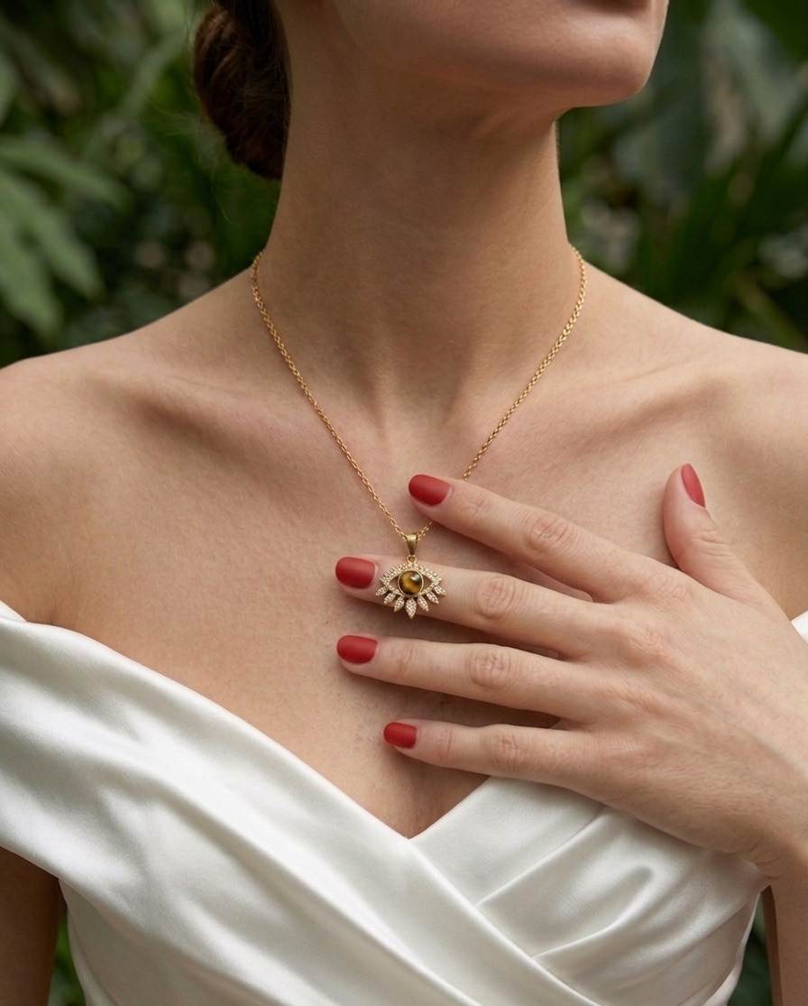 Woman wearing a gold necklace with a pendant, set against a blurred natural background.