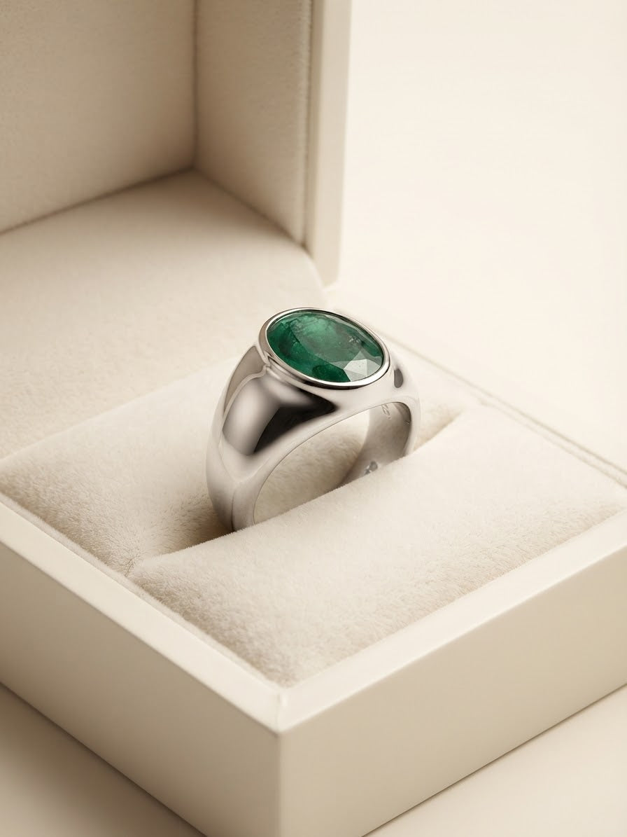 A silver signet ring with a round green emerald-cut gemstone, displayed in a cream-colored jewelry box.
