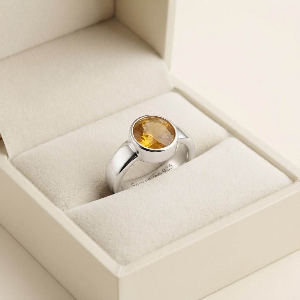A sterling silver ring with a bezel-set round yellow gemstone, displayed inside an open cream-colored jewelry box.