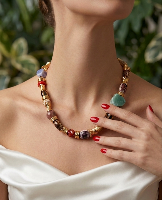 Close-up of a colorful beaded necklace worn by a person with a blurred natural background