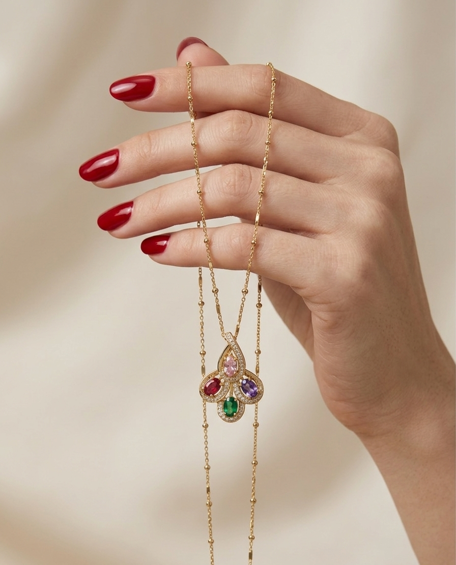 Hand holding a gold necklace with gemstones against a beige background