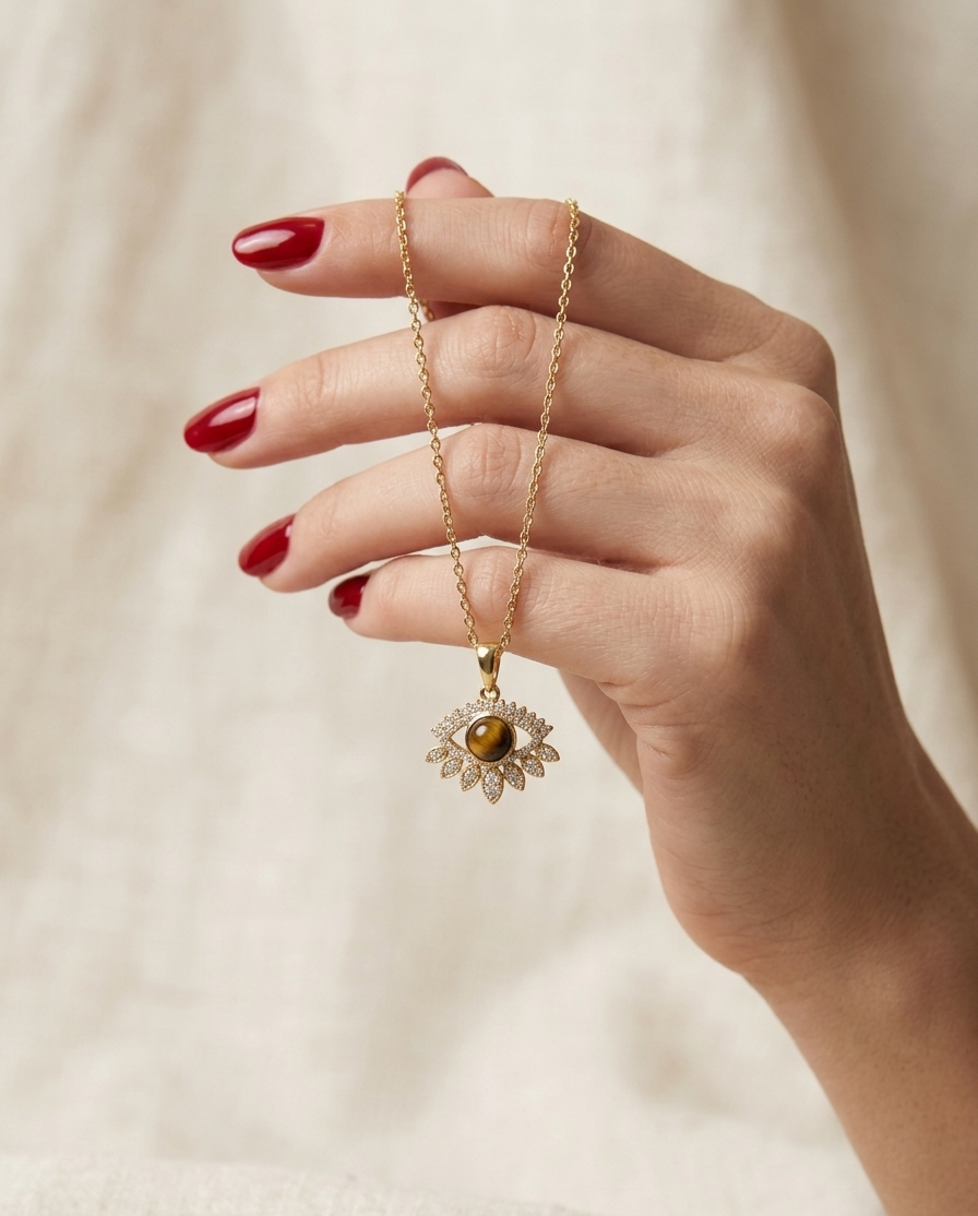 Hand holding a gold necklace with a pendant against a neutral background