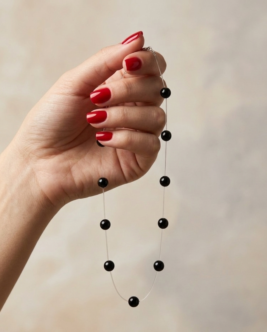 Hand holding a black beaded necklace against a neutral background