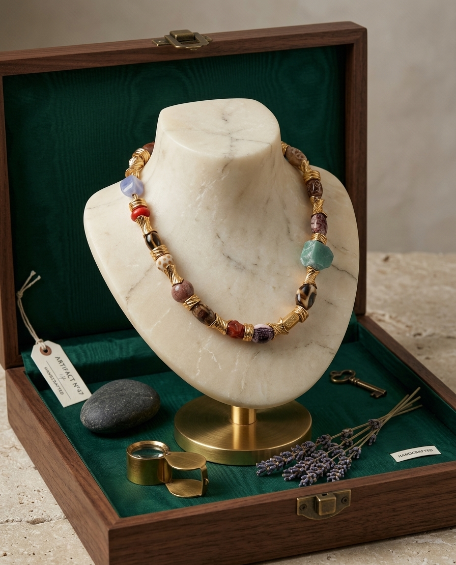 Necklace on a mannequin bust in a wooden jewelry box with green interior