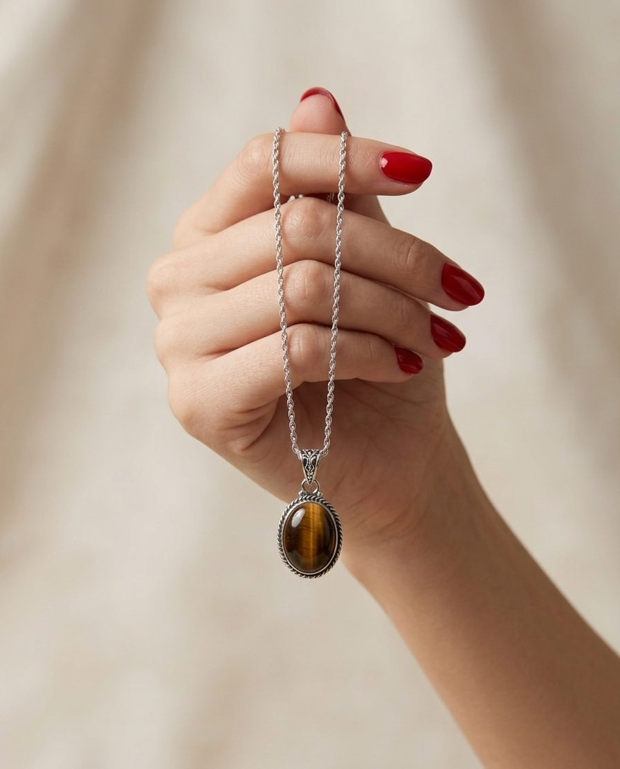 Hand holding a necklace with a tiger's eye pendant against a beige background