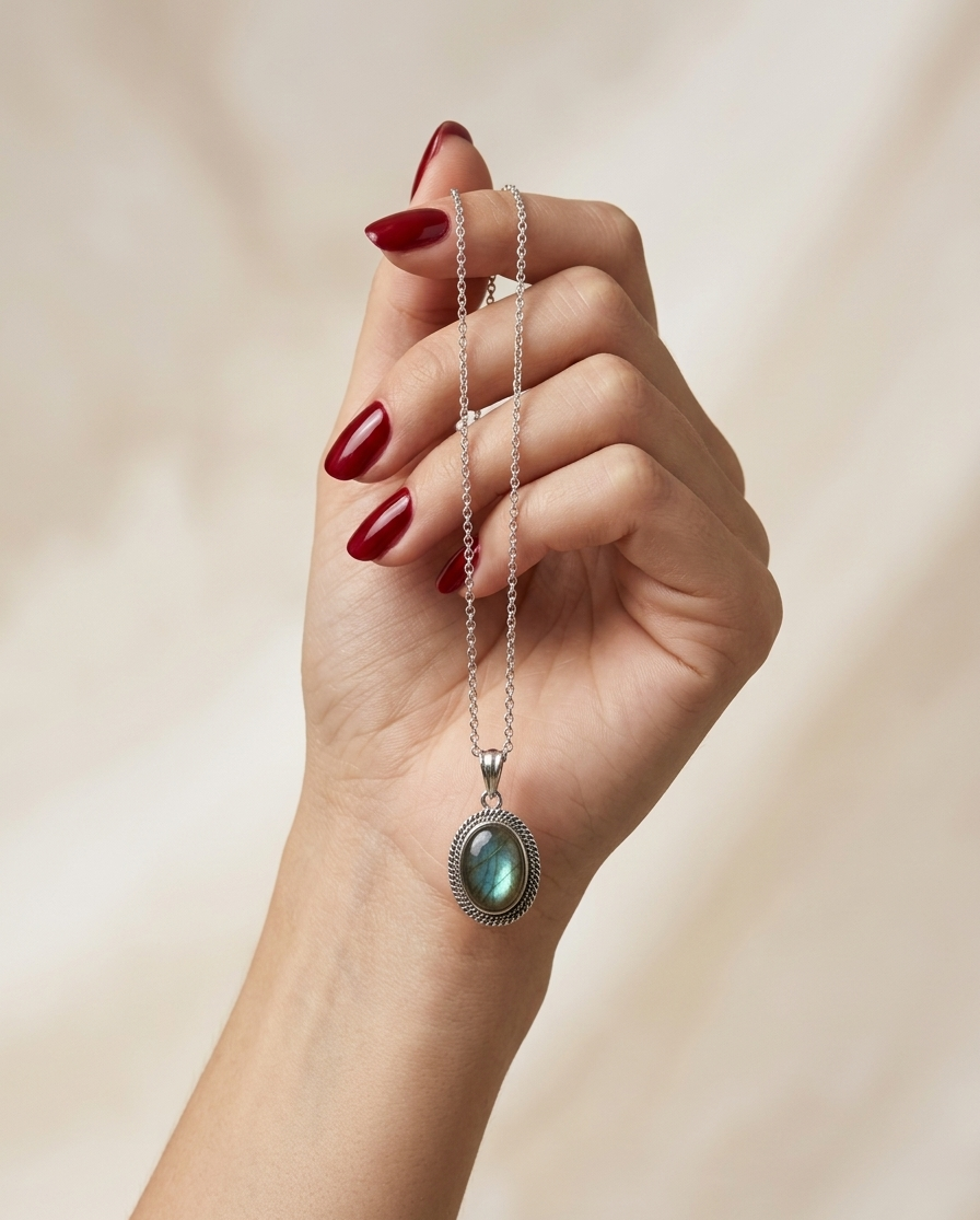 Hand holding a silver necklace with a pendant against a beige background