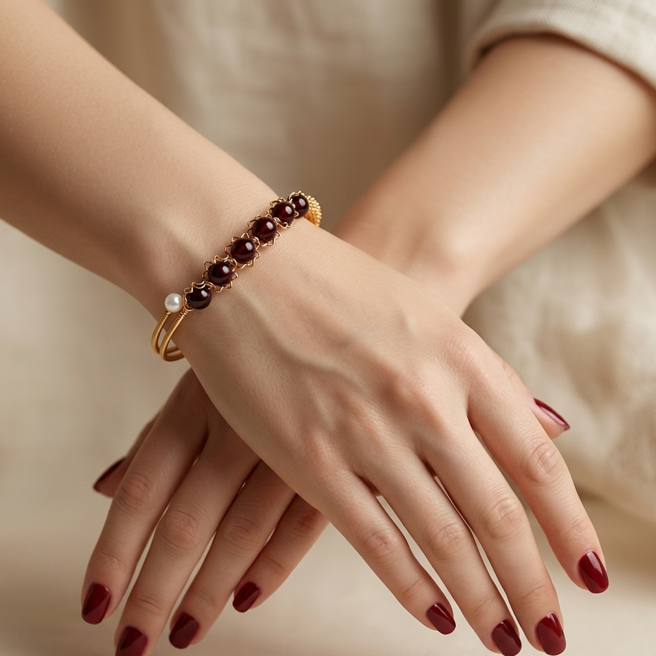 Close-up of a hand wearing a bracelet with red beads on a neutral background