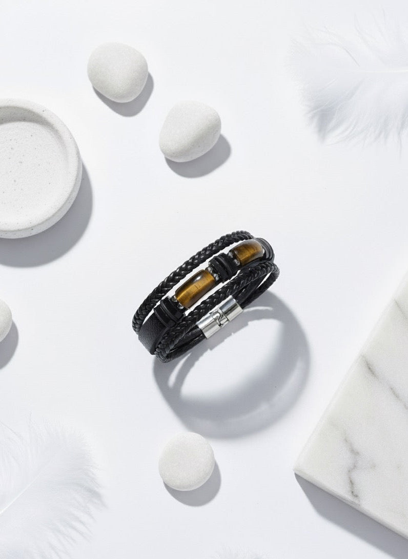 Tiger Eye Leather Steel Men’s Bracelet Premium Black Braided Design