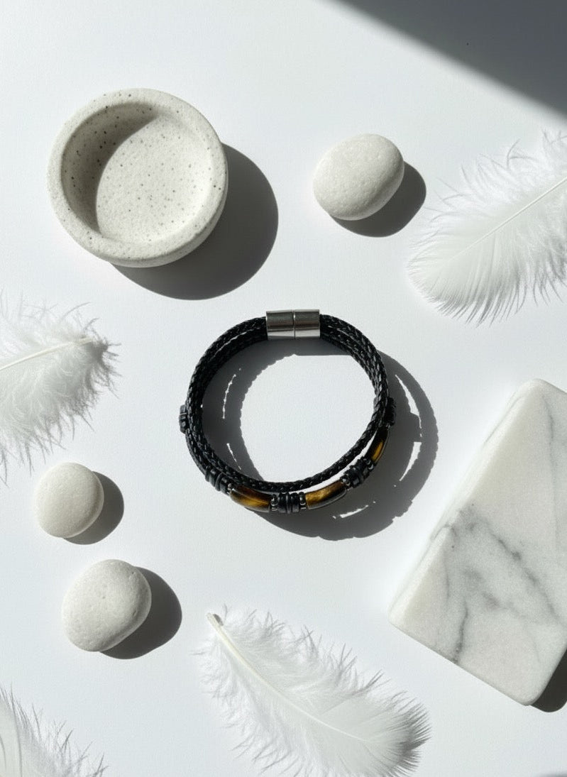 Tiger Eye Leather Steel Men’s Bracelet Premium Black Braided Design