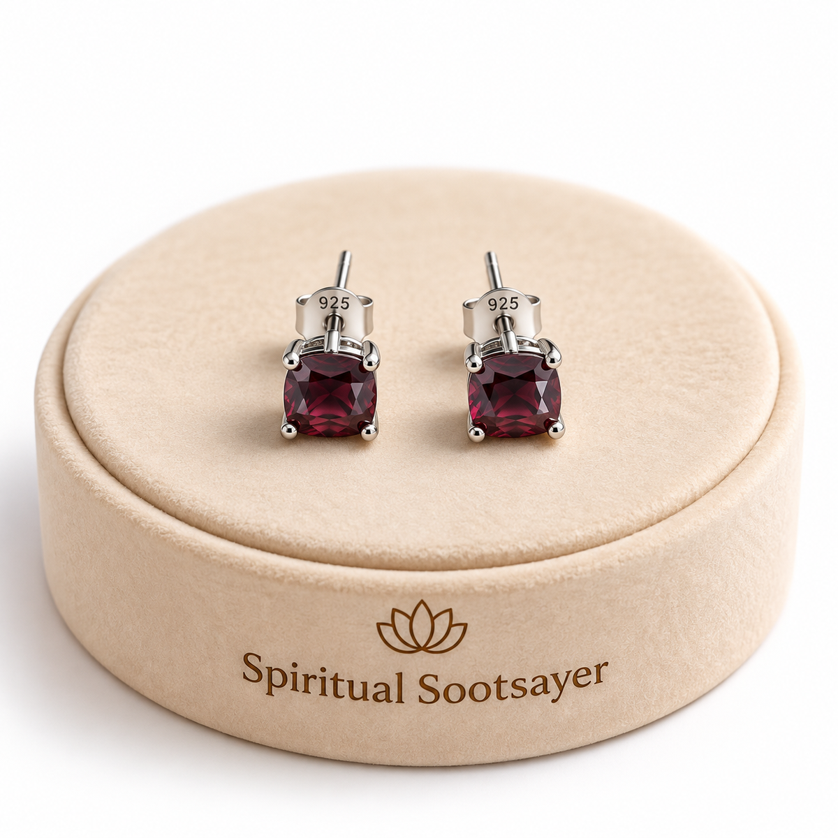 A pair of silver stud earrings with square dark red gemstones, displayed on a beige round presentation box engraved with the brand name 'Spiritual Sootsayer'.