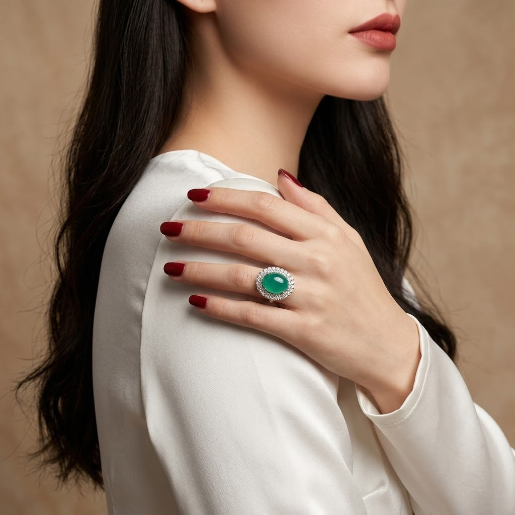 A close-up lifestyle shot of a woman wearing a silver ring with a round green emerald-cut center stone and a halo of small clear stones, shown on her hand resting on her shoulder.