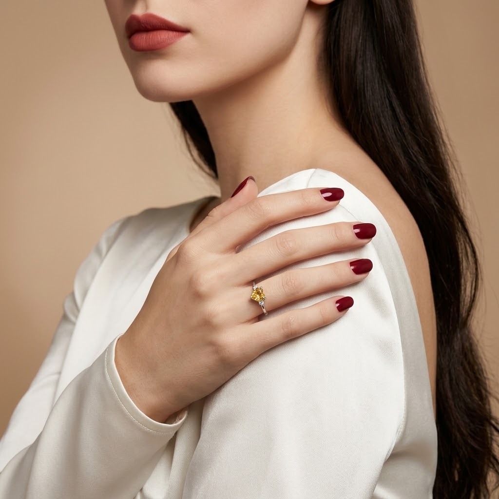 A close-up lifestyle shot of a model wearing a yellow gemstone ring on her finger, with her hand resting on her shoulder. She is wearing a white satin top against a warm beige background.