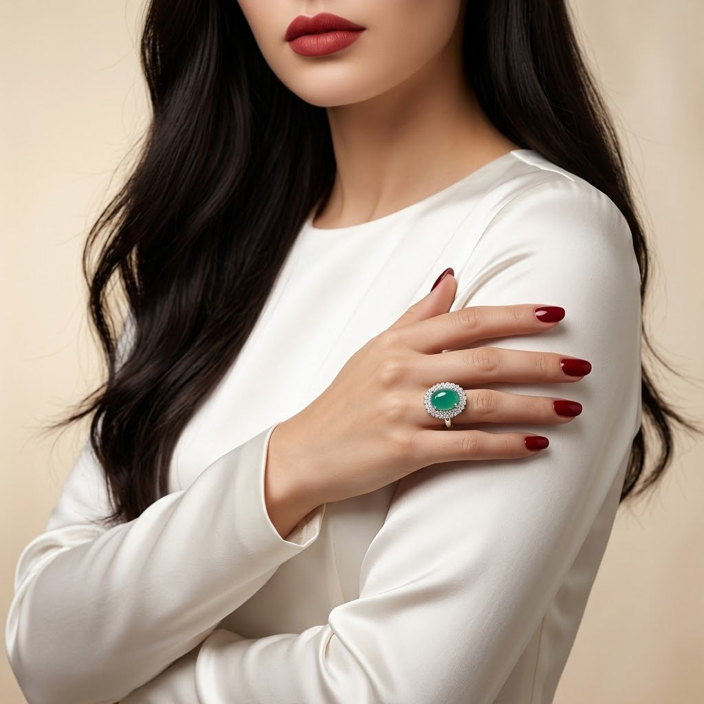 A close-up of a woman wearing a white long-sleeve top and a large ring with a round green stone on her hand, set against a soft beige background.