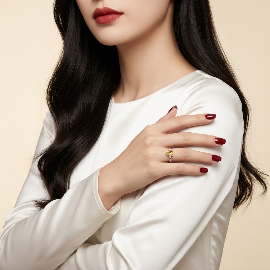 A close-up of a woman wearing a gold ring with a yellow gemstone on her finger, dressed in a white satin long-sleeve top against a warm beige background.