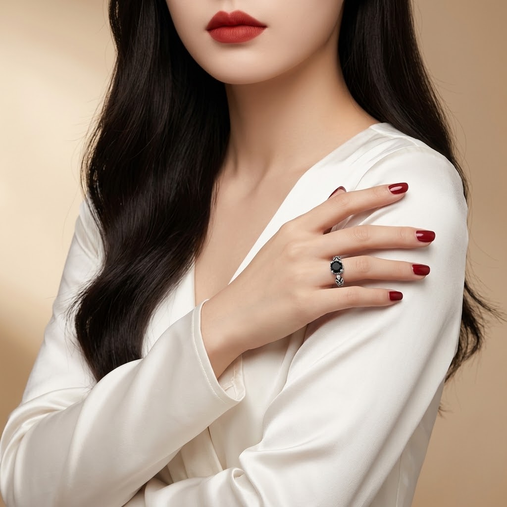 A close-up of a woman wearing a silver ring with a dark oval gemstone, styled with a white satin blouse and dark red nail polish against a warm beige background.