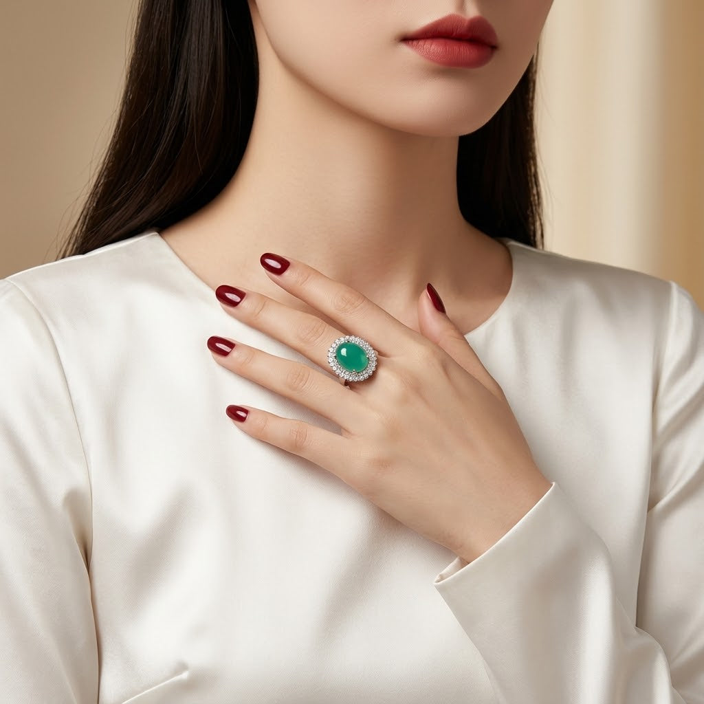 A close-up lifestyle shot of a model wearing a large oval green gemstone ring with a silver halo, styled on her hand against a soft beige background.