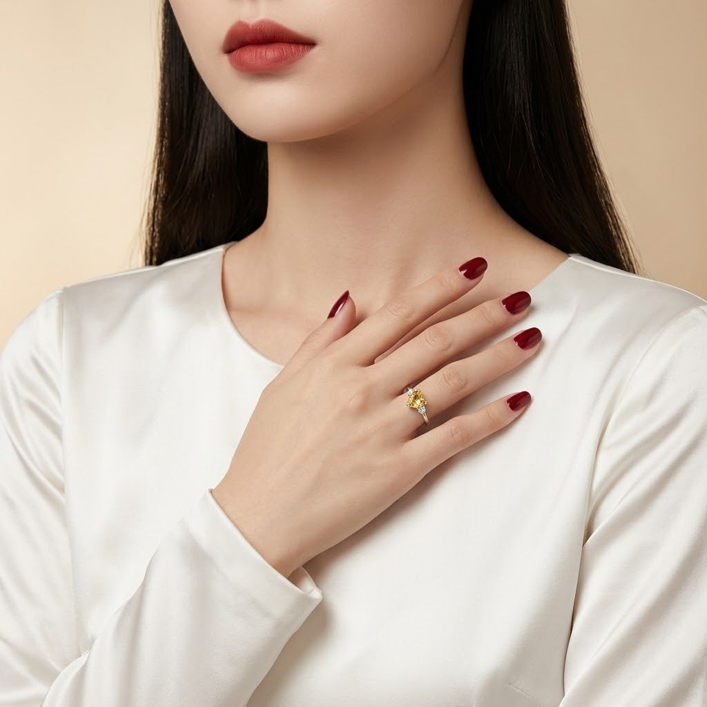 A close-up of a woman wearing a delicate gold ring with a small yellow gemstone on her finger, styled with dark red nail polish and a white satin top against a soft beige background.