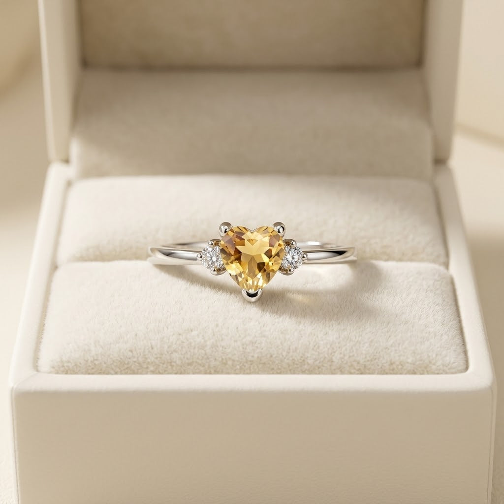 A heart-shaped yellow gemstone ring with silver-toned band and small clear accent stones, displayed in an open cream jewelry box.