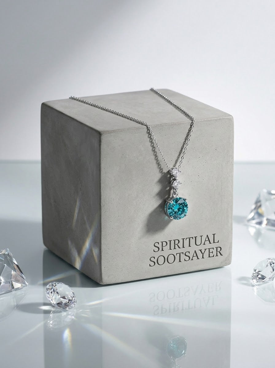 A silver pendant necklace with a round turquoise-blue gemstone is draped over a gray display box engraved with the name 'SPIRITUAL SOOTSAYER'. The box is set on a reflective white surface with scattered clear crystals around it.