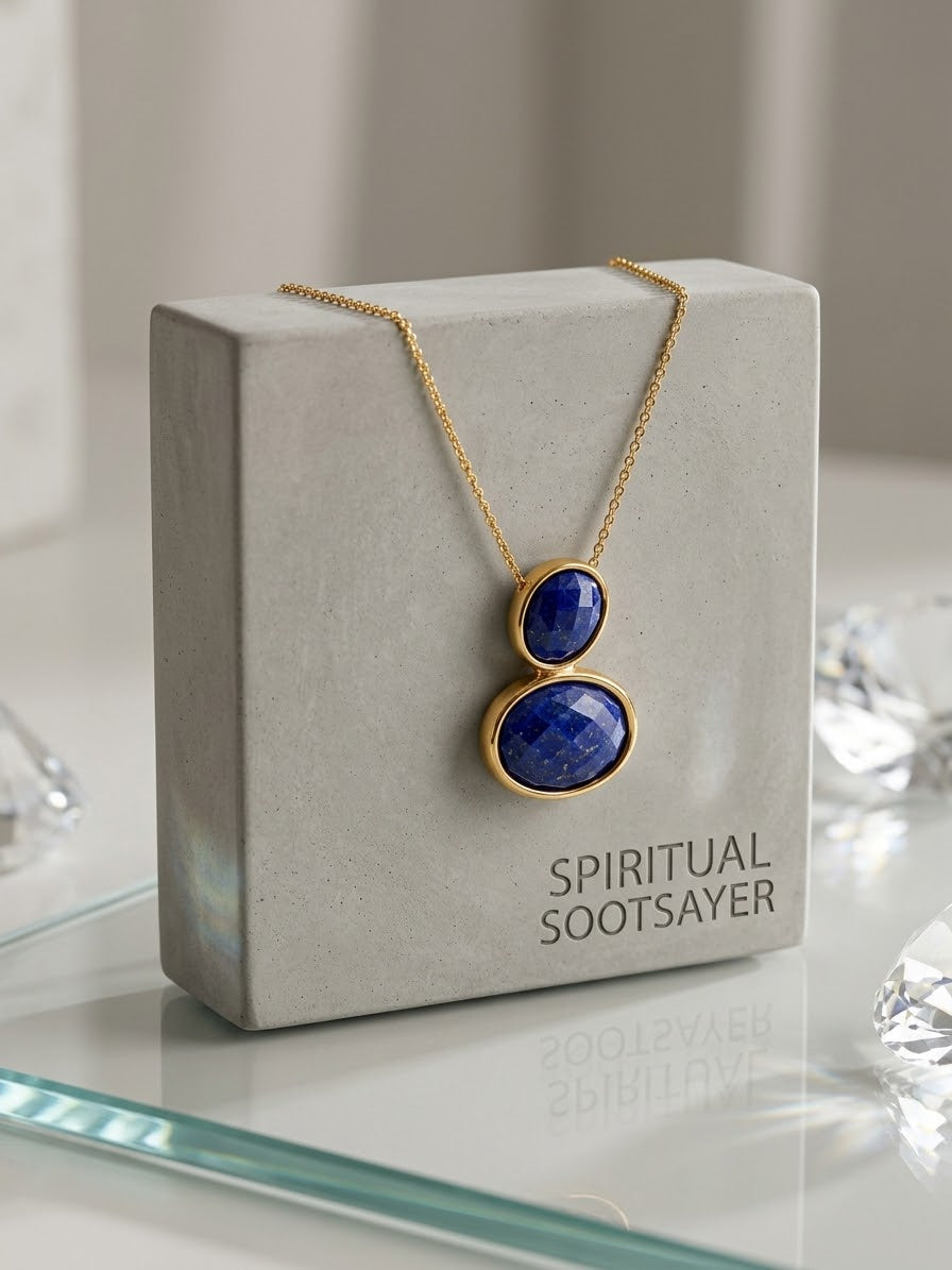 A gold necklace with two stacked oval lapis lazuli stones displayed on a gray jewelry box labeled 'SPIRITUAL SOOTSAYER'.