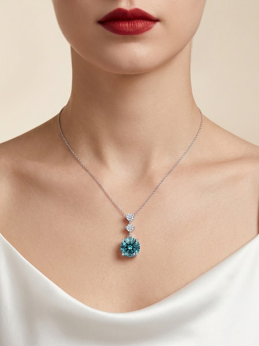 A close-up of a model wearing a delicate silver necklace with a pendant featuring a round light blue gemstone and two small clear stones above it, set against a soft beige background.