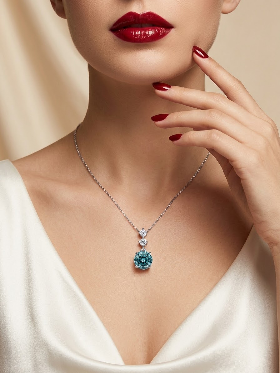 A close-up of a model wearing a delicate silver chain necklace with a pendant featuring a large round-cut light blue gemstone and smaller clear stones, paired with a white satin top and red nail polish.