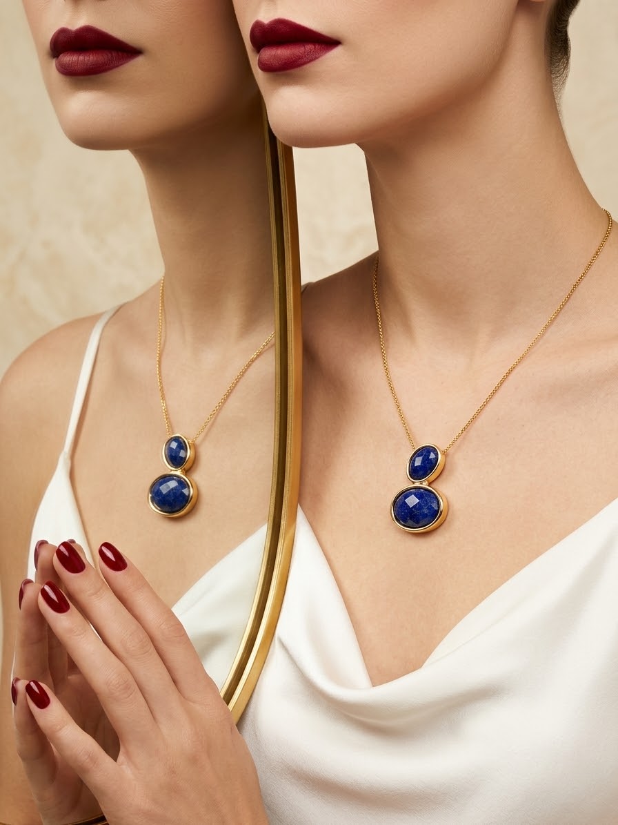 A close-up lifestyle shot of a model wearing a gold necklace with two stacked oval blue gemstones. The image is split vertically by a gold mirror frame, showing both a direct view and a reflected view of the necklace.