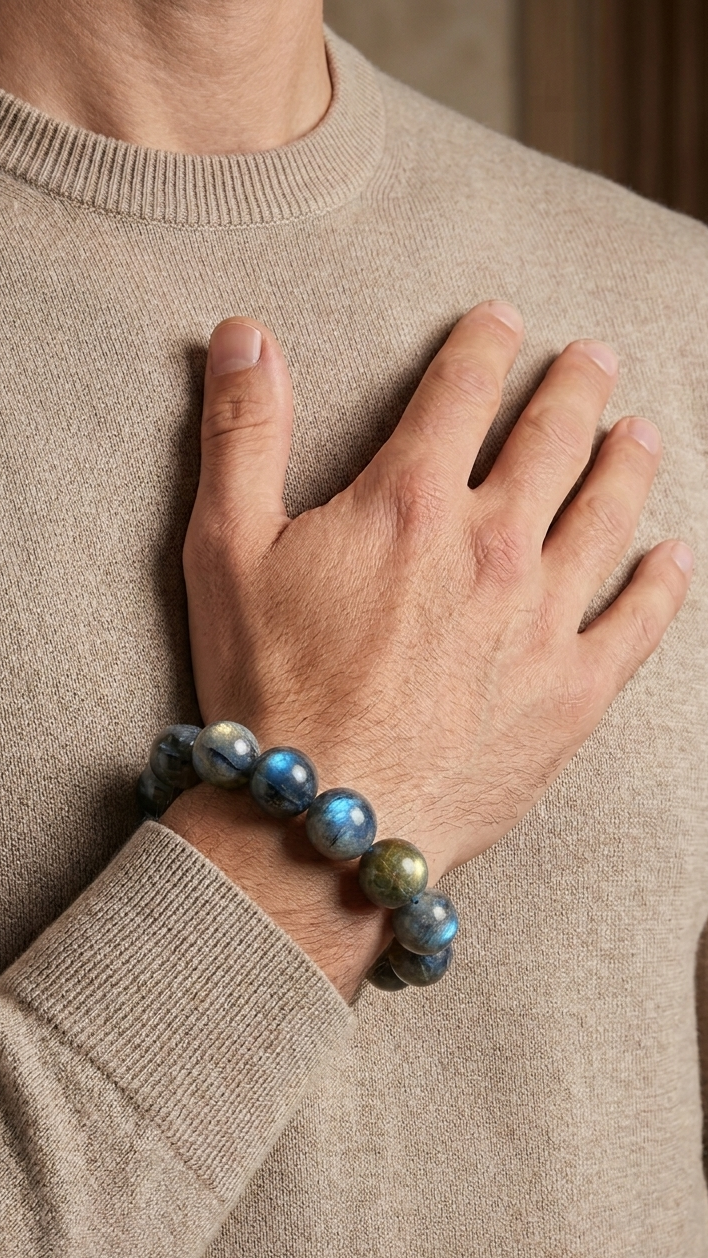 Hand wearing a beaded bracelet on a neutral background