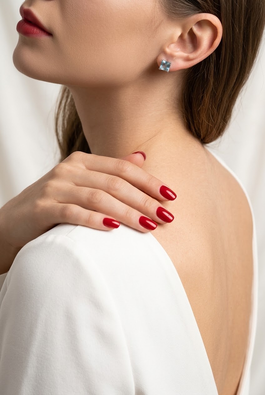 A close-up lifestyle shot of a woman wearing a small square-cut light blue gemstone stud earring, with her hand resting on her shoulder. She is wearing a white top, and her nails are painted a glossy red.