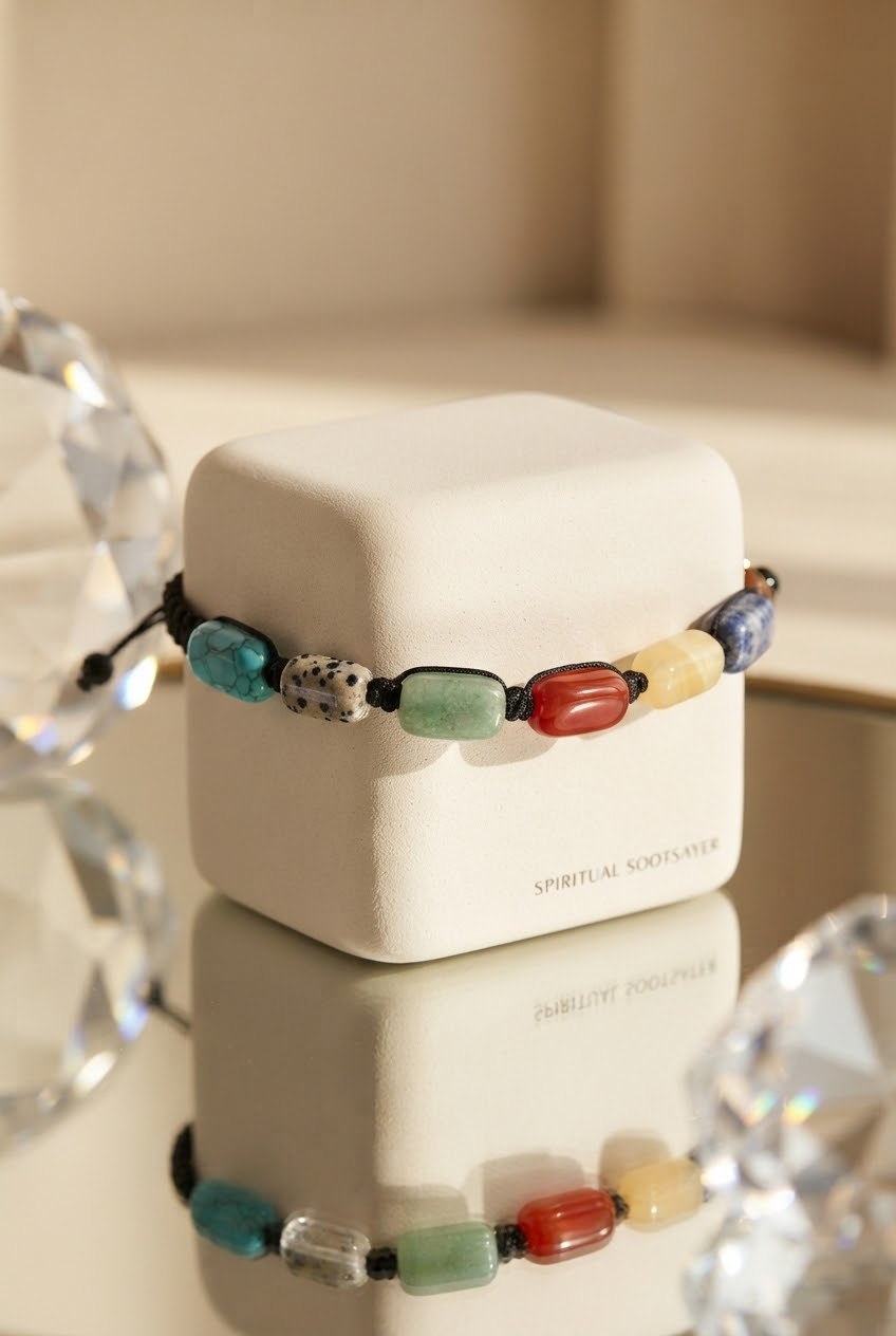 A beaded bracelet with colorful polished stones and black cord, displayed on a small cream jewelry box. The bracelet features turquoise, white marbled beads, green, red, yellow, and blue beads.