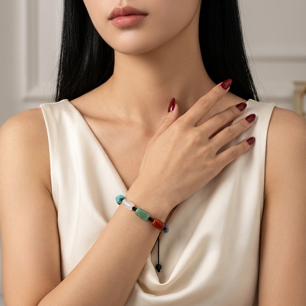 A woman wearing a colorful beaded bracelet on her wrist, dressed in a cream satin top. The bracelet features segments of turquoise, red, green, and black with a black cord.
