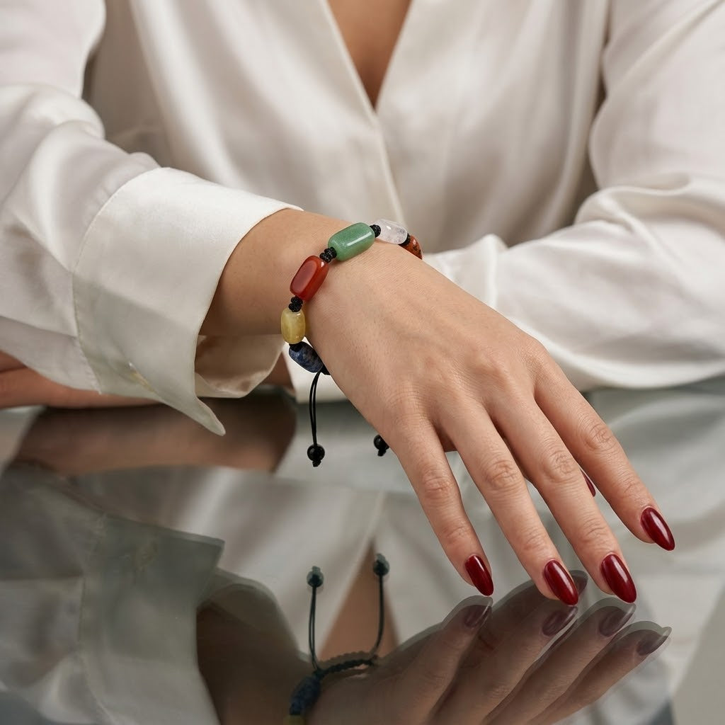 A close-up of a person's hand wearing a beaded bracelet with red, green, yellow, and blue beads, paired with a white blouse and red manicured nails.