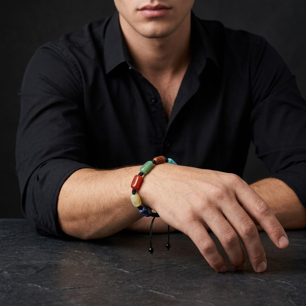 A man wearing a black button-down shirt rests his arms on a dark stone table, showcasing a colorful beaded bracelet on his wrist.
