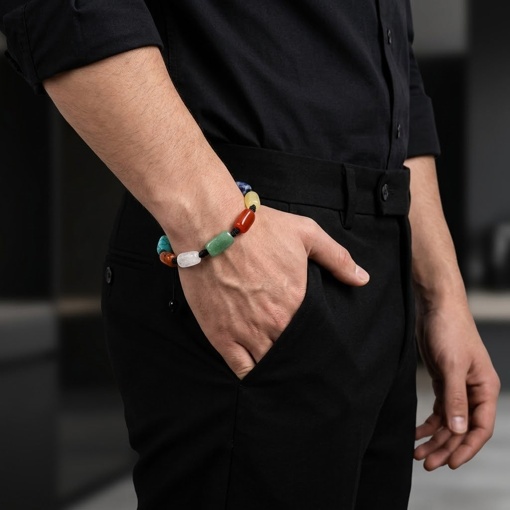 A close-up of a person wearing a colorful beaded bracelet on their wrist, dressed in a black button-down shirt and black trousers with their hand in their pocket.
