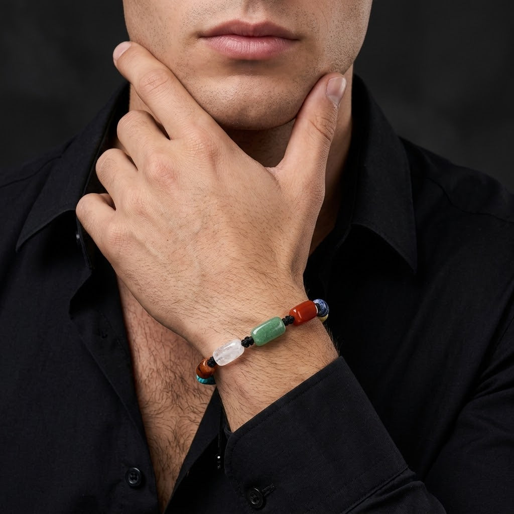 A close-up of a man wearing a colorful beaded bracelet on his wrist, dressed in a black shirt against a dark background.