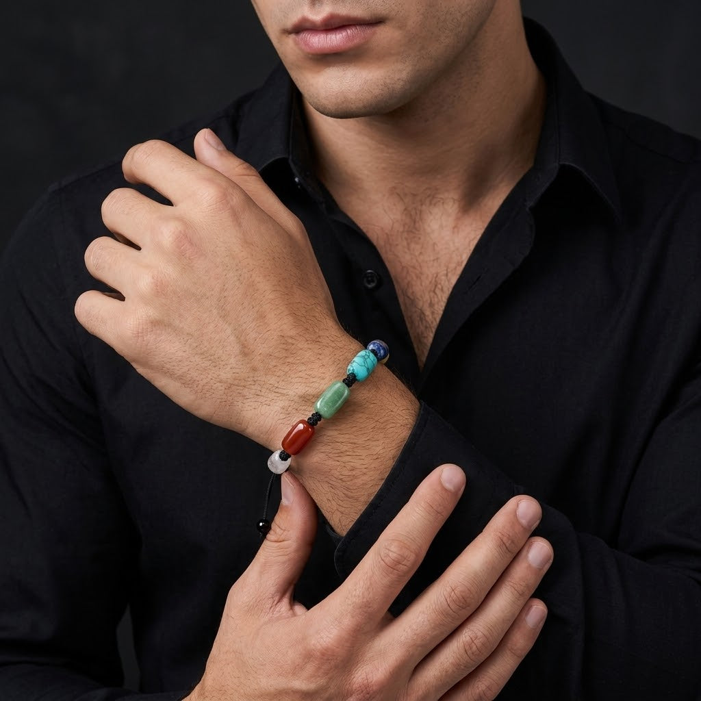 A close-up of a man wearing a beaded bracelet on his wrist, wearing a black button-down shirt against a dark background.