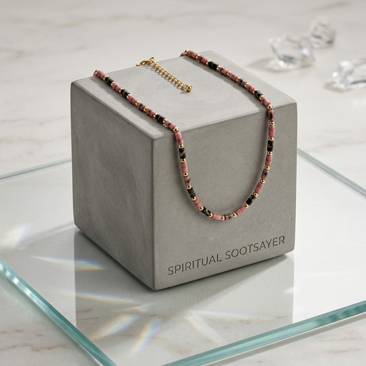 A beaded necklace draped over a gray display block labeled 'SPIRITUAL SOOTSAVER,' photographed on a glass tray over a light marble surface with a few clear crystal props in the background.