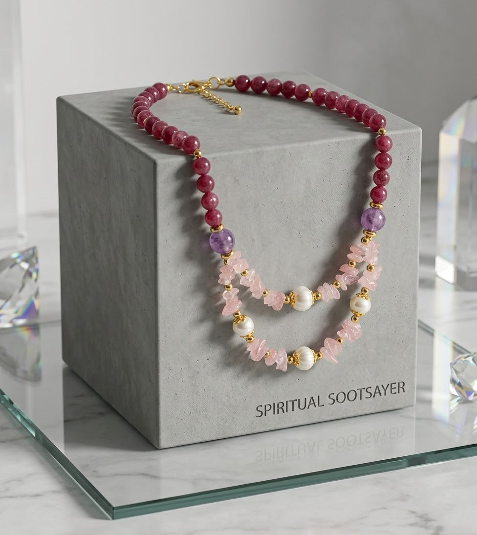 A beaded necklace displayed on a gray cube box labeled SPIRITUAL SOOTSAYER. The necklace features dark red beads, light pink crystal beads, white pearl-like beads, and purple amethyst beads with gold spacer accents.