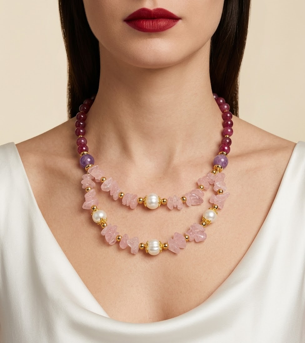 A close-up of a model wearing a double-strand statement necklace featuring pink rose quartz beads, white pearls, and purple gemstone beads with gold spacer rings, paired with a white satin top.